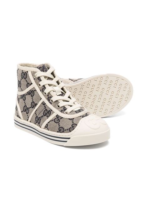 Sneaker alte in tessuto GG beige e blu con logo GG in rilievo sulla punta a contrasto GUCCI | SCARPE | 793056 FADLD4046